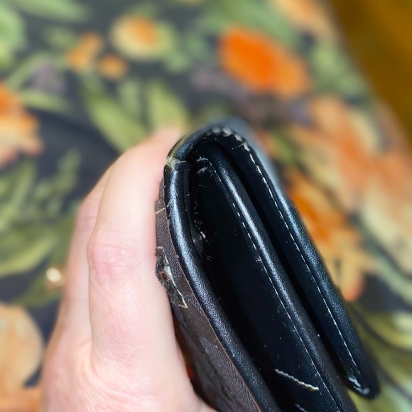 Coach trifold canvas black on tan with leather accents. - Picture 3 of 9